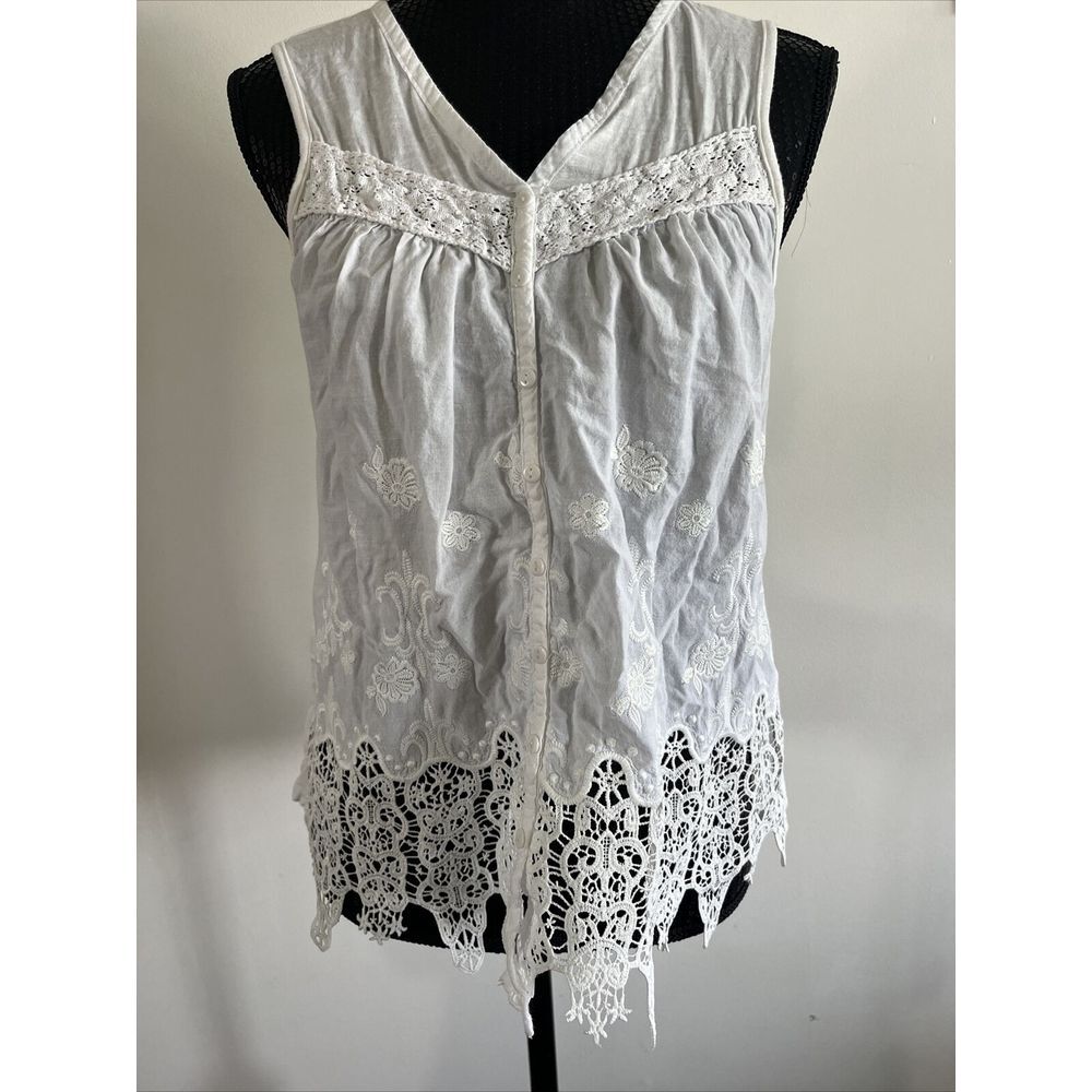 Adiva Lace Sleeveless Tunic Top Cotton Women's Size M White